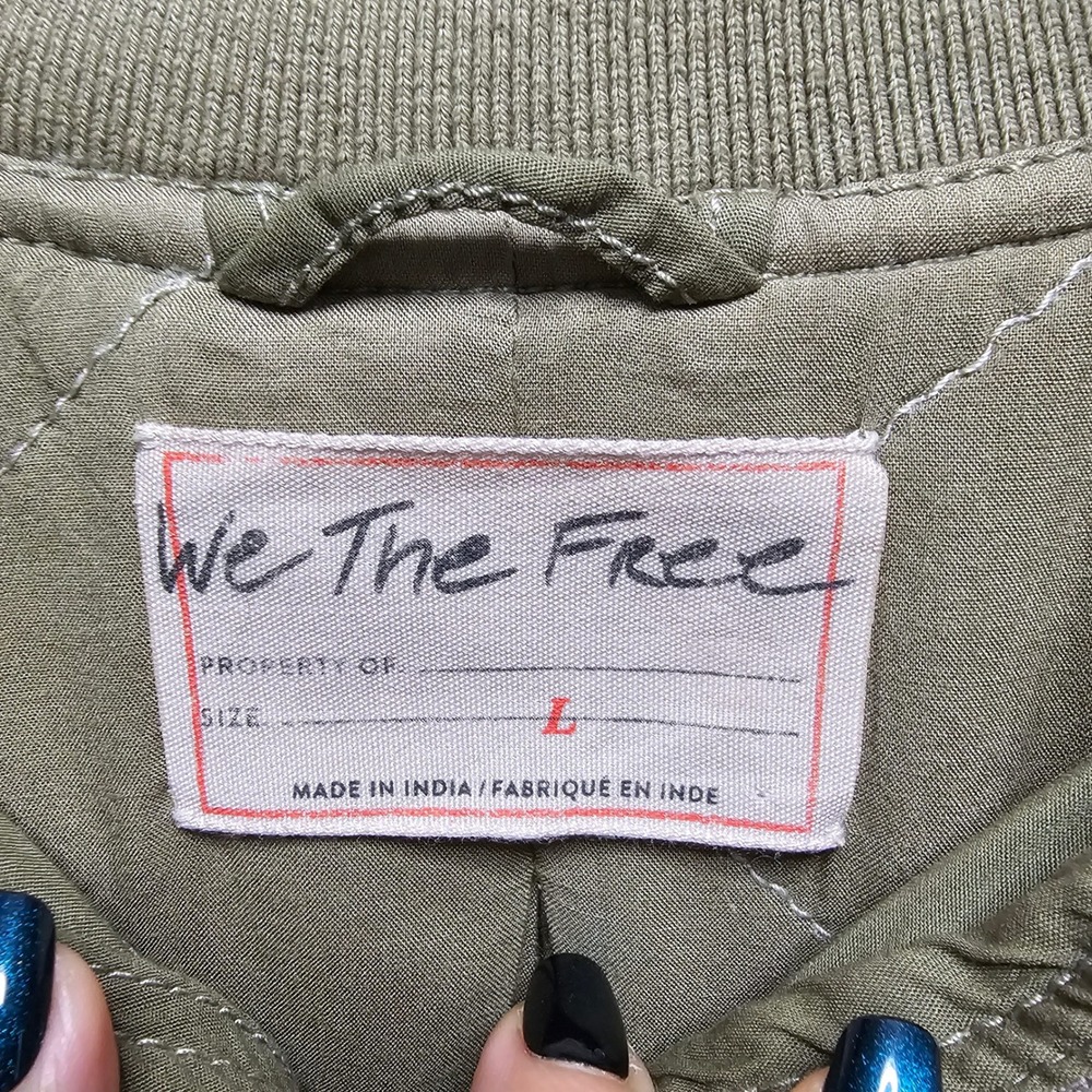 We The Free Olive Green Bomber Jacket Size L Oversized Quilted Front Zipper - Picture 4 of 5